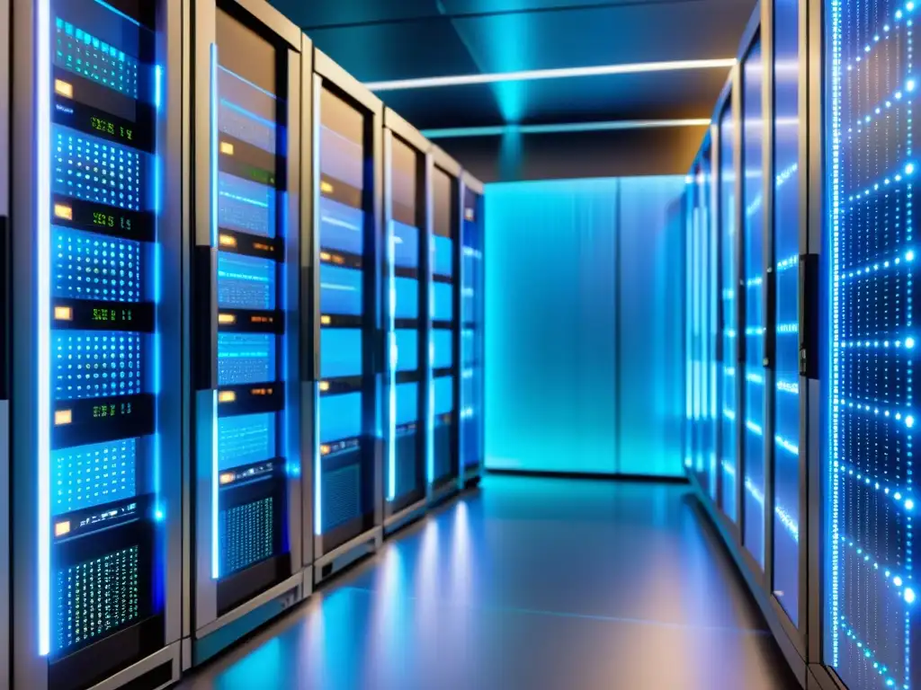 Servidores interconectados con hologramas futuristas de análisis de datos Red de servidores futurista con hologramas mostrando análisis de datos en tiempo real