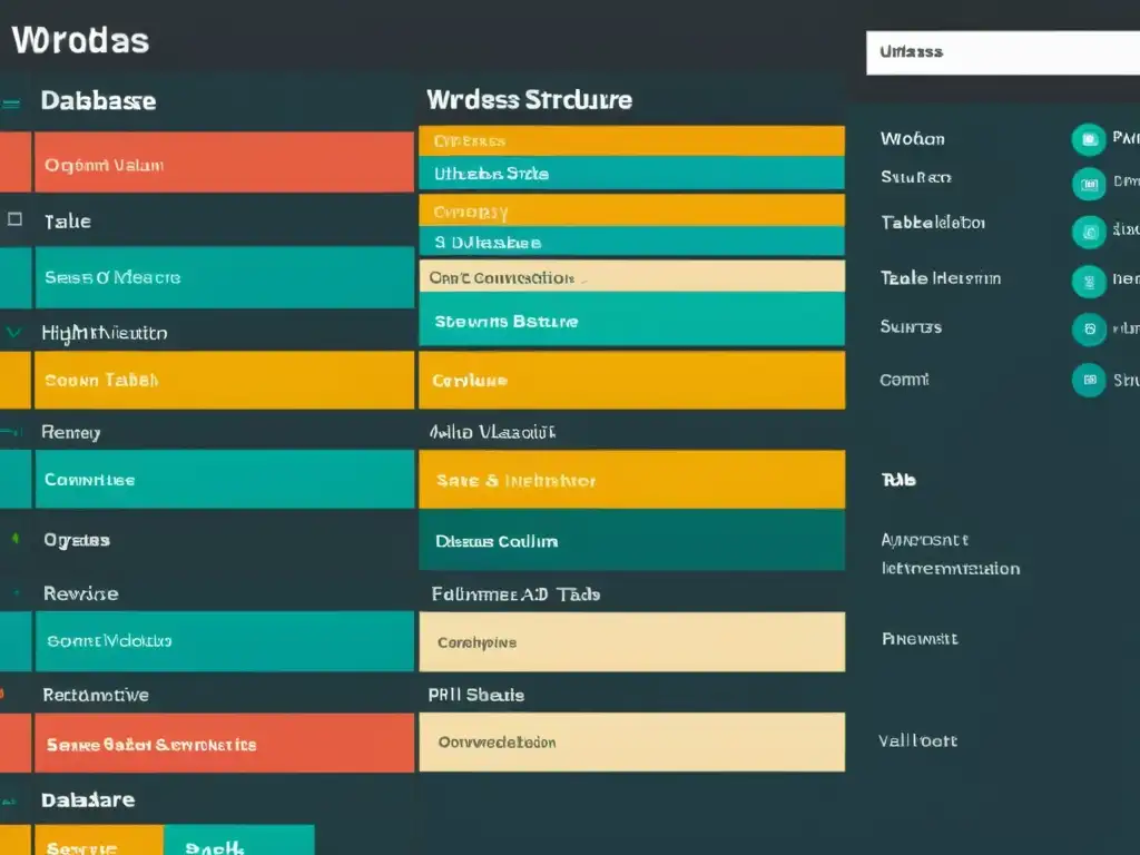 Estructura de base de datos de WordPress: diseño moderno y vibrantes colores HD Una representación detallada y vibrante de la estructura de la base de datos de WordPress, mostrando interconexiones complejas y eficiencia organizada