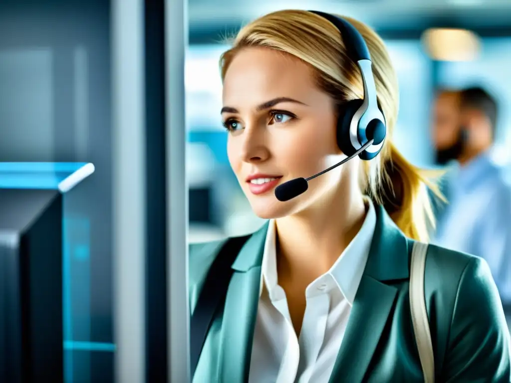 Atención personalizada de soporte técnico en oficina moderna Una representante de servicio al cliente brinda asistencia personalizada con profesionalismo en un entorno moderno