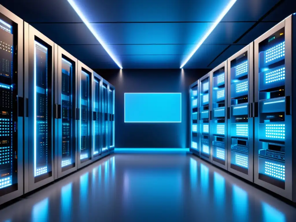 Sala de servidores futurista con IA y luces azules Una ilustración de alta resolución que muestra una sala de servidores futurista con servidores metálicos ordenados y luces azules
