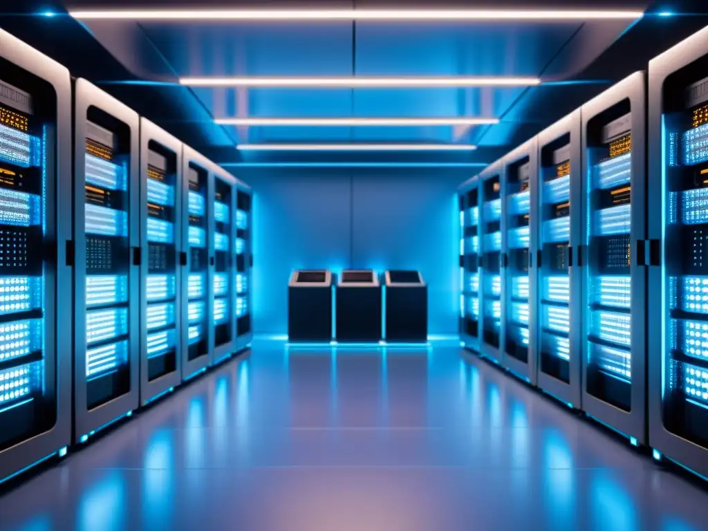 Server room futurista de 8k con tecnología de vanguardia Una sala de servidores futurista con inteligencia artificial en distribución de servidores, tecnología de vanguardia en acción