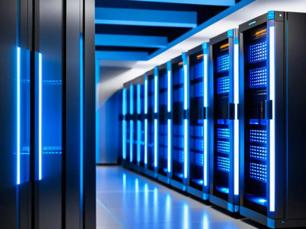 Sala de servidores de alta tecnología: eficiencia y fiabilidad Una sala de servidores moderna con racks ordenados, iluminada en azul