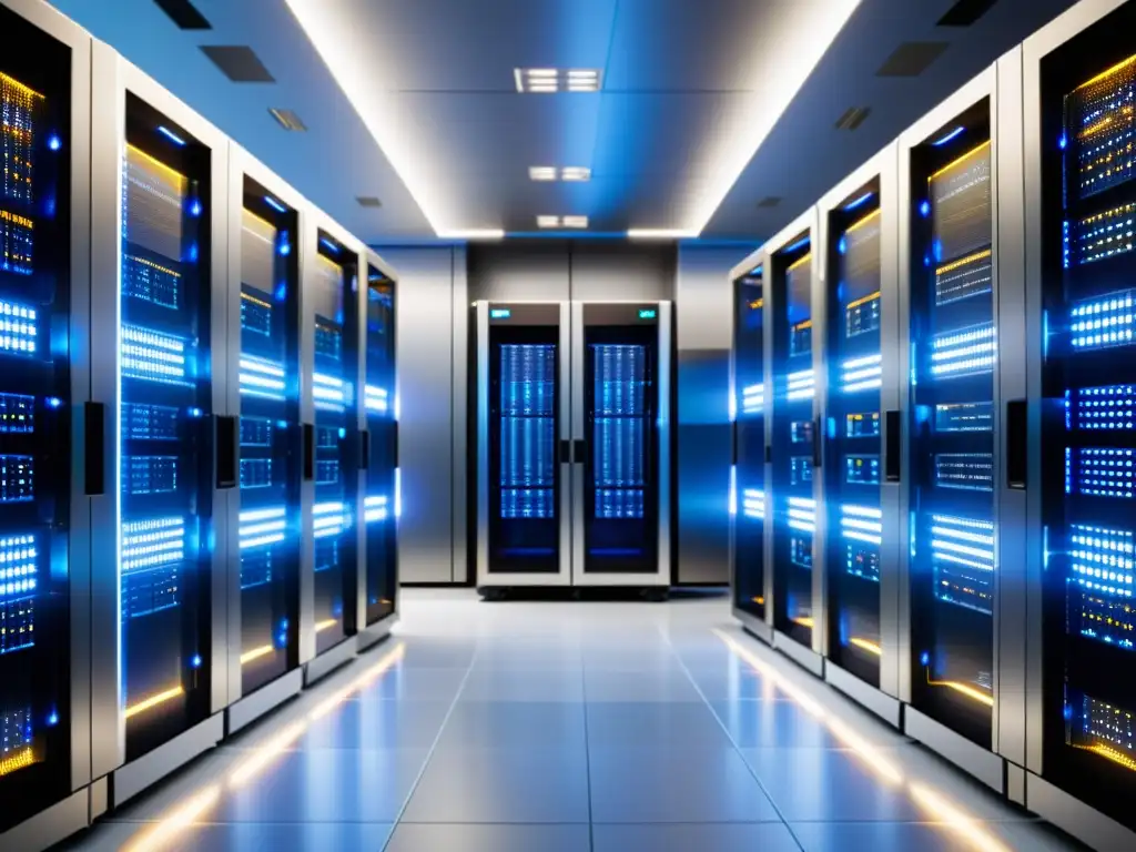 Servidores futuristas de alta tecnología en un moderno centro de datos Una sala de servidores moderna con tecnología de vanguardia, servidores futuristas y sistema de enfriamiento avanzado