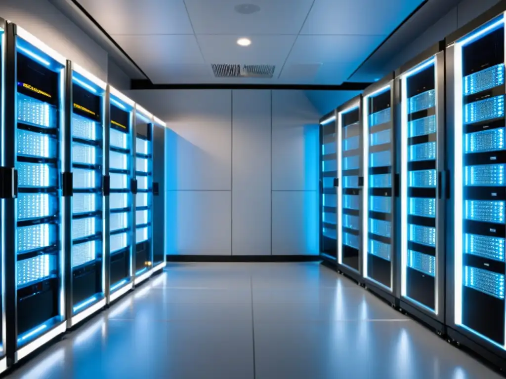 Sala de servidores de alta tecnología Una sala de servidores de alojamiento web de aspecto moderno y elegante, iluminada con suave luz LED azul y blanca