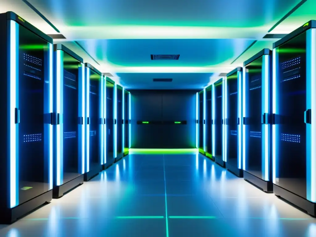 Una sala de servidores con elegantes servidores negros brillantes iluminados con luces azules y verdes, creando una atmósfera futurista y organizada