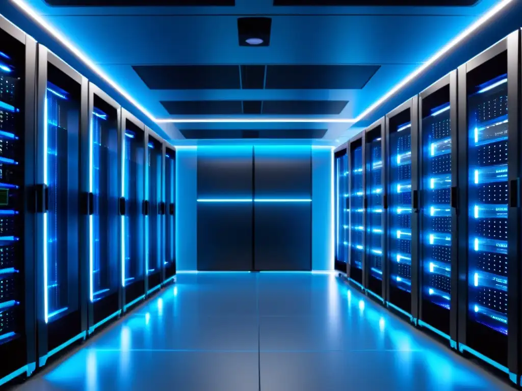 Sala de servidores futurista: Eficiencia en tecnología de vanguardia Una sala de servidores futurista y eficiente con localización de servidores SEO y velocidad de carga óptima, bañada en una suave luz azul LED