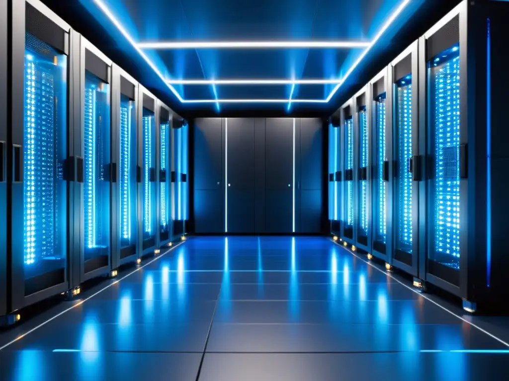 Sala de servidores futurista con luces LED pulsantes Una sala de servidores futurista y elegante iluminada con un tono azul fresco, cables serpenteantes conectan los servidores en una red hipnótica