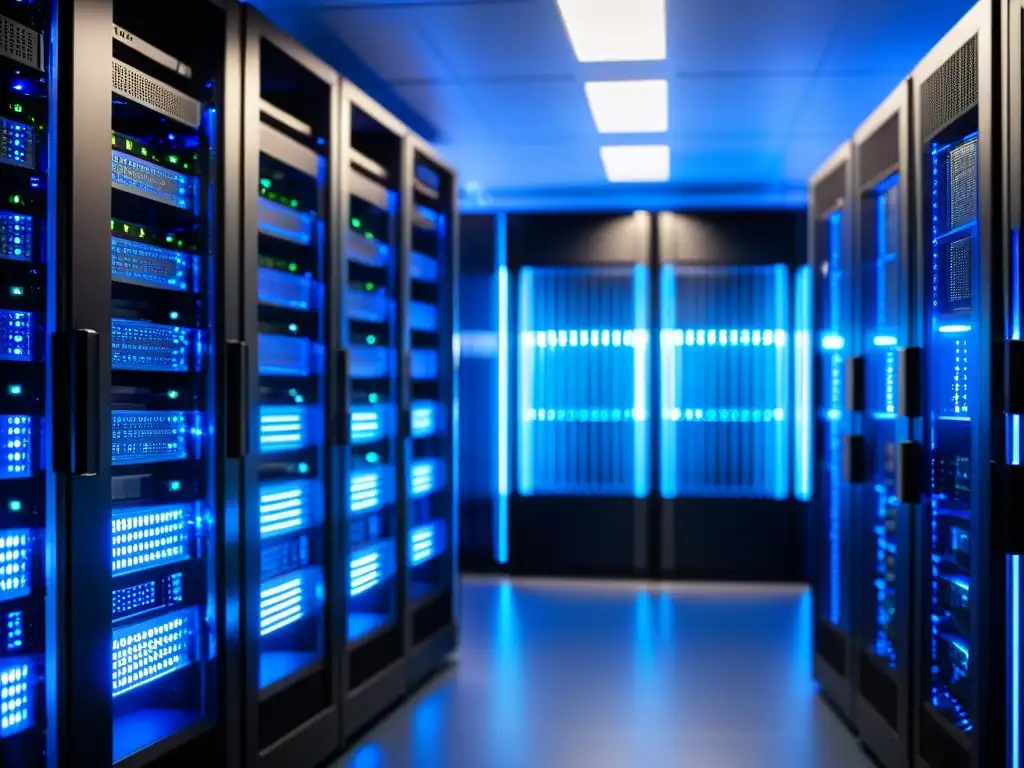 Centro de Datos Futurista: Red de Servidores en Azul Una sala de servidores futurista con elegantes racks negros iluminados por una luz azul, creando una atmósfera etérea