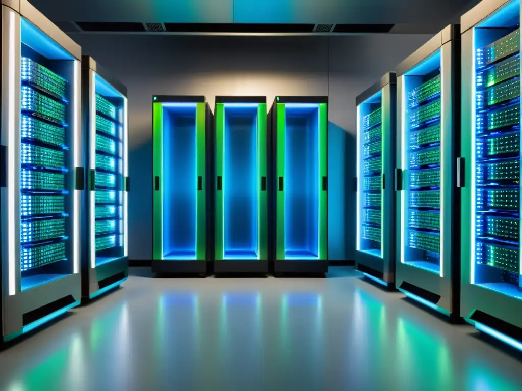 Sala de servidores futurista con luces azules y verdes Una sala de servidores futurista con luces azules y verdes, simetría perfecta y estética moderna