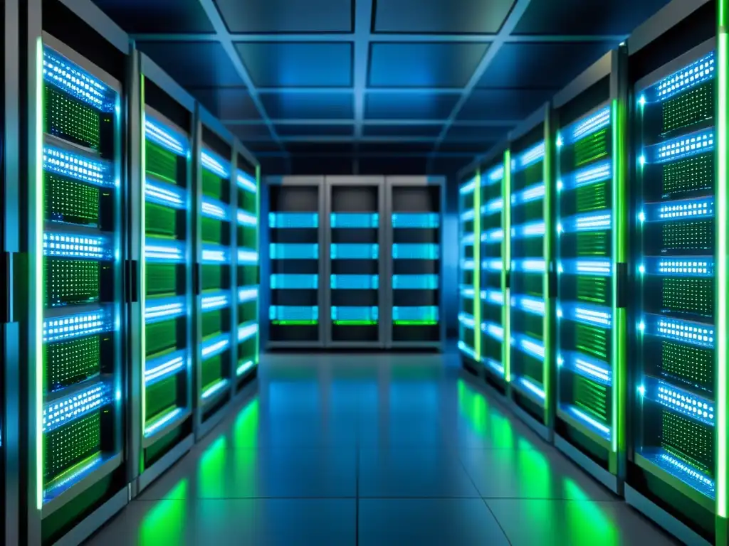 Sala de servidores futurista con luces azules y verdes Una sala de servidores futurista con luces azules y verdes parpadeantes