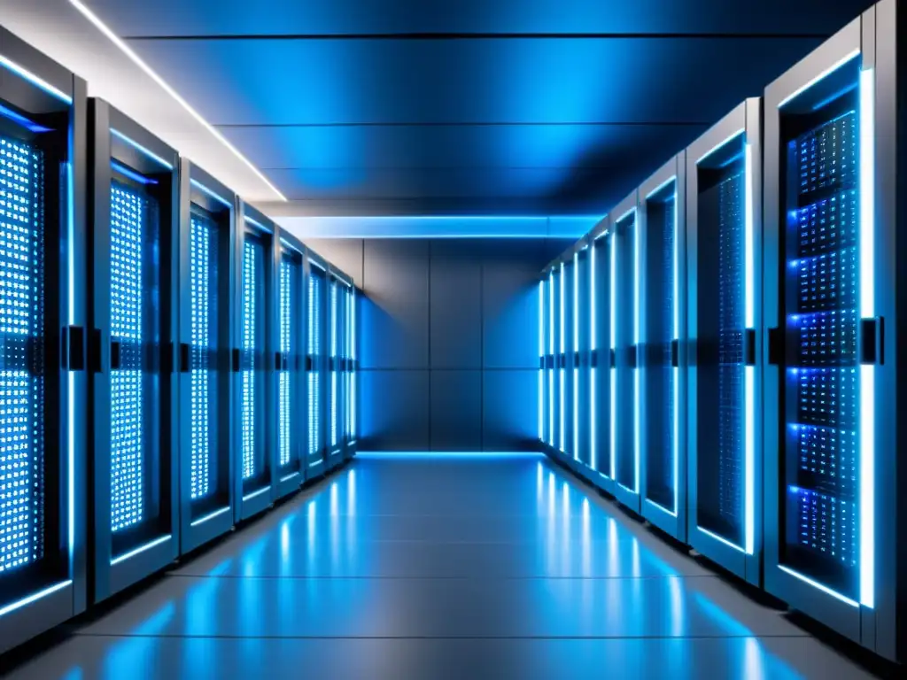 Centro de Datos Futurista: Elegancia y Precisión en Hosting Una sala de servidores futurista con luces azules, transmitiendo impacto y profesionalismo en la tasa de rebote y el SEO