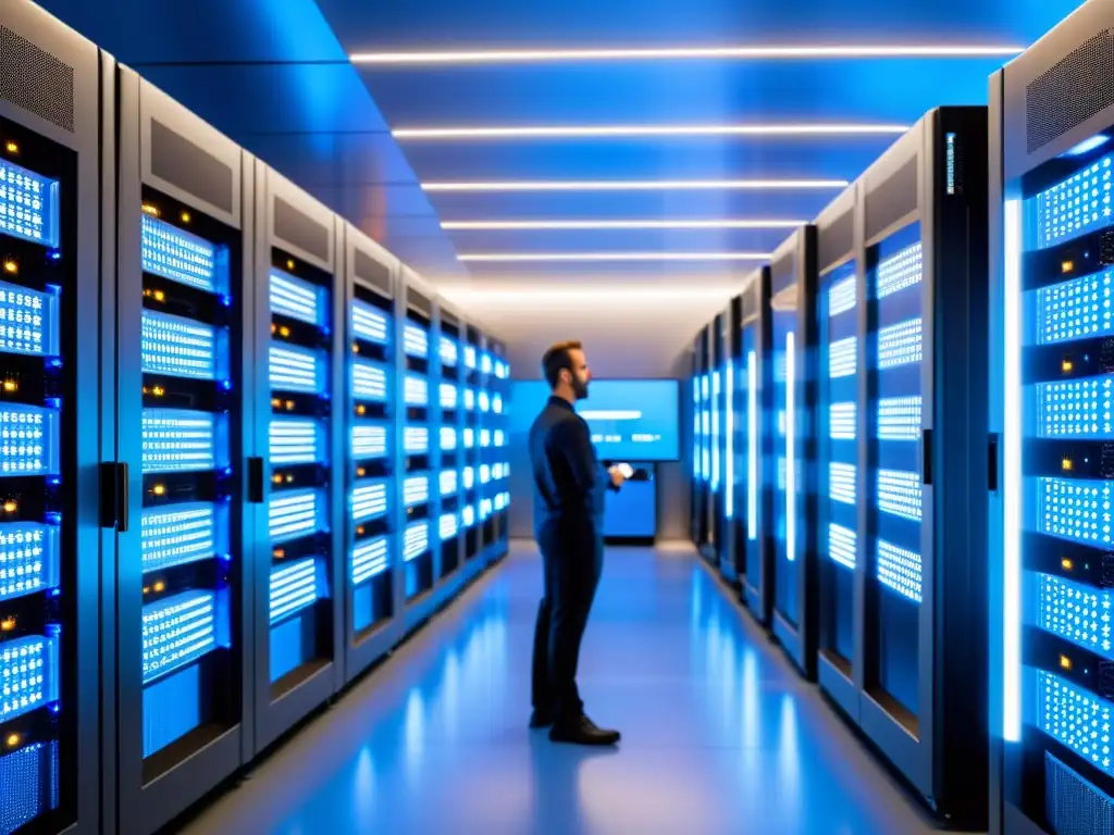 Sala de servidores futurista y ultradetallada Una sala de servidores futurista, con luces LED parpadeantes y sistemas de enfriamiento, bañada en una suave luz azul
