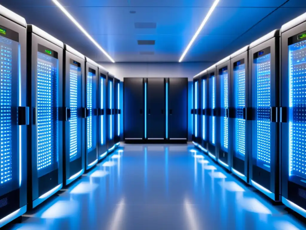 Sala de servidores futurista con luces LED azules y blancas Una sala de servidores futurista y optimizada, con luces LED azules y blancas, organización impecable y cables de alta velocidad