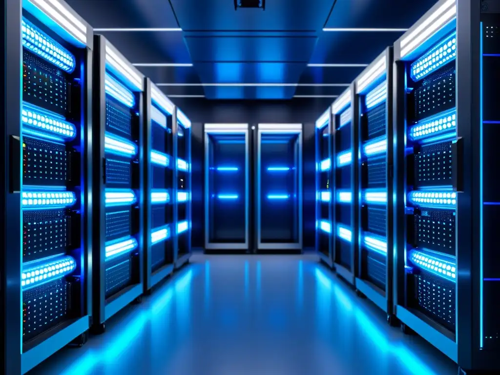 Salas de servidores futuristas: alta tecnología en azul Una sala de servidores futurista y ordenada iluminada con luz azul, con indicadores LED coloridos
