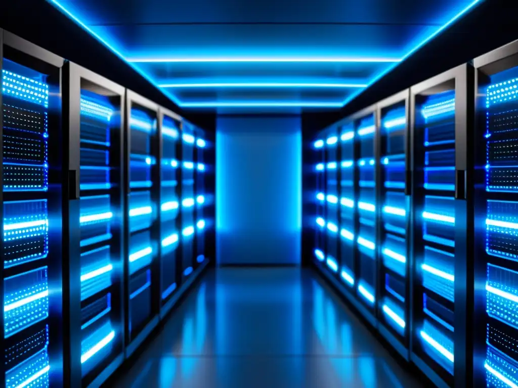 Sala de servidores de alta tecnología: orden y eficiencia en azul Una sala de servidores futurista y organizada, bañada en luz azul