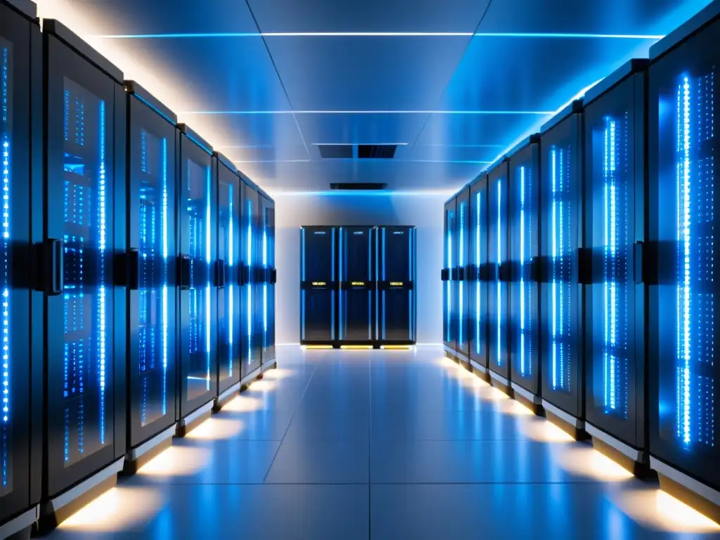 Servidores de Alta Tecnología para Hosting Confiable Una sala de servidores futurista, organizada y iluminada con tonos azules y blancos, transmite la importancia del hosting para evitar el downtime