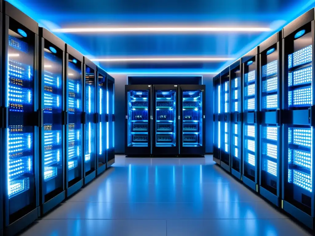 Sala de servidores futurista: eficiencia y tecnología de vanguardia Una sala de servidores futurista, organizada y brillante