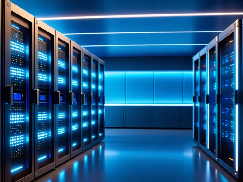 Sala de servidores futurista con racks iluminados en 8k Una sala de servidores futurista con racks iluminados, organizados y eficientes