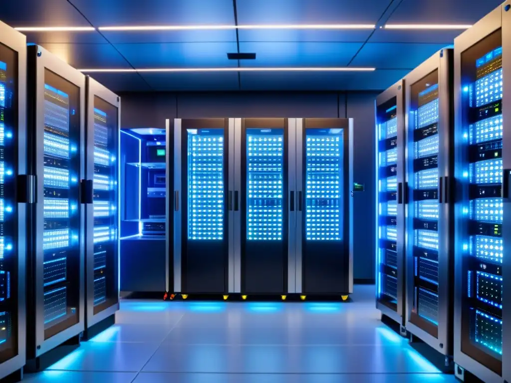 Servidores futuristas de alta tecnología en 8k Una sala de servidores futurista con racks metálicos brillantes, luces LED vibrantes y un panel de control central con tecnología avanzada