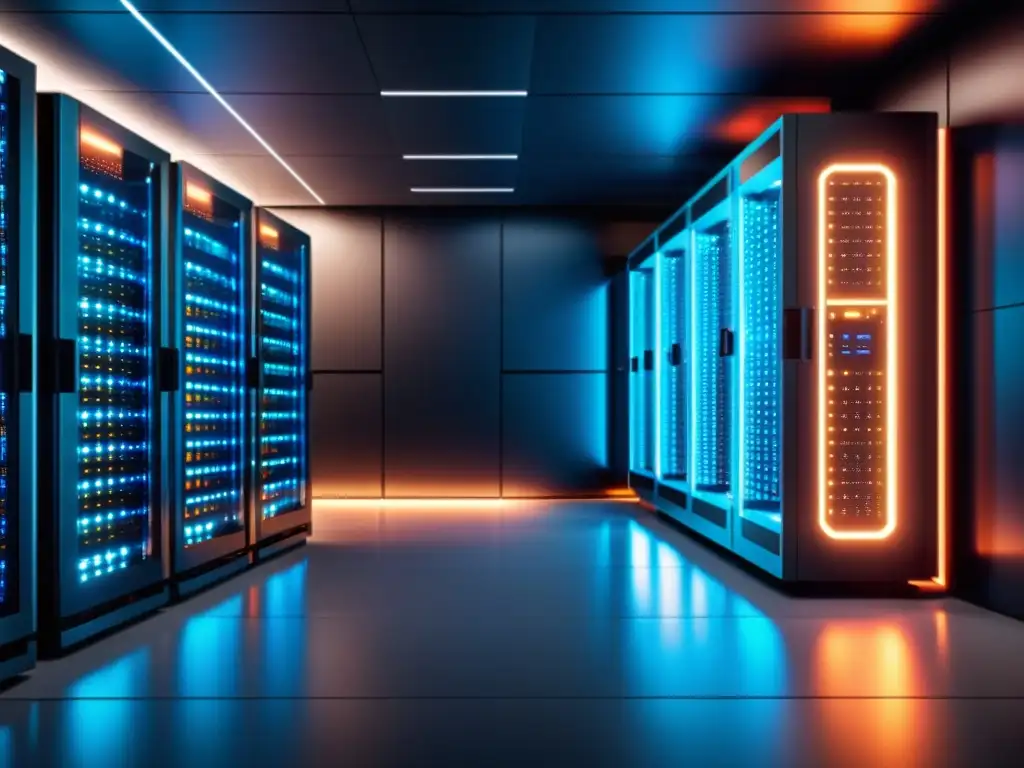 Sala de servidores futurista con tecnología avanzada Una sala de servidores futurista con selección de hosting con IA, elegante y llena de tecnología de vanguardia