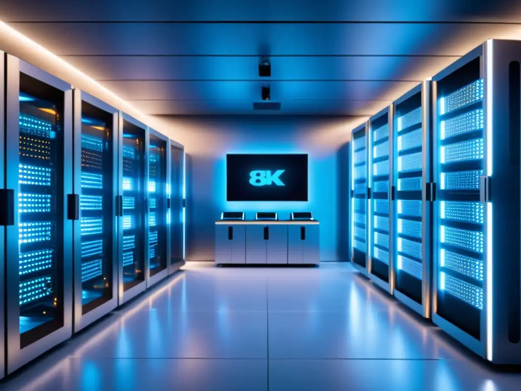 Sala de servidores futurista con IA y tecnología avanzada Una sala de servidores futurista con servidores metálicos brillantes y una ambientación fresca y futurista