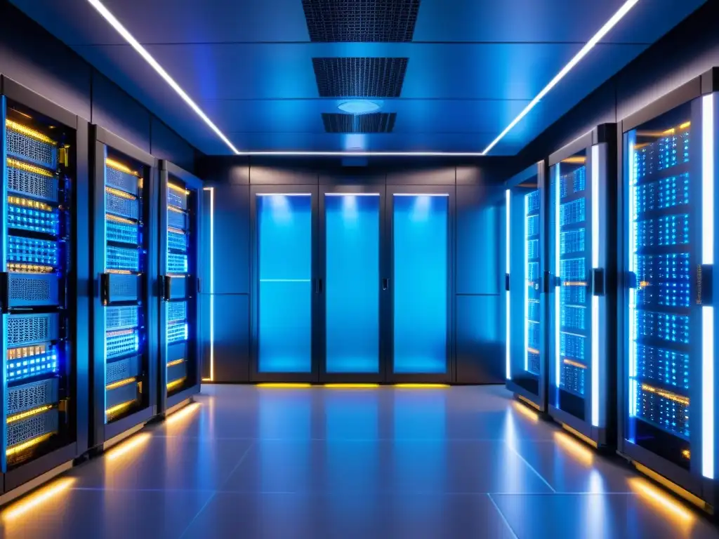 Sala de servidores futurista: eficiencia y tecnología innovadora Una sala de servidores futurista con sistemas de enfriamiento avanzados y una interfaz de gestión de datos de vanguardia