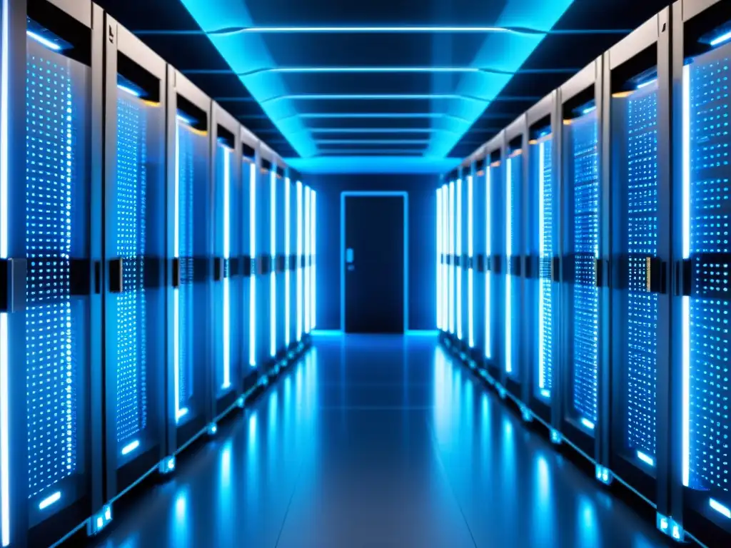 Sala de servidores de alta tecnología: eficiencia y vanguardia Una sala de servidores futurista con tecnología de punta para entrega de contenido y experiencia del usuario