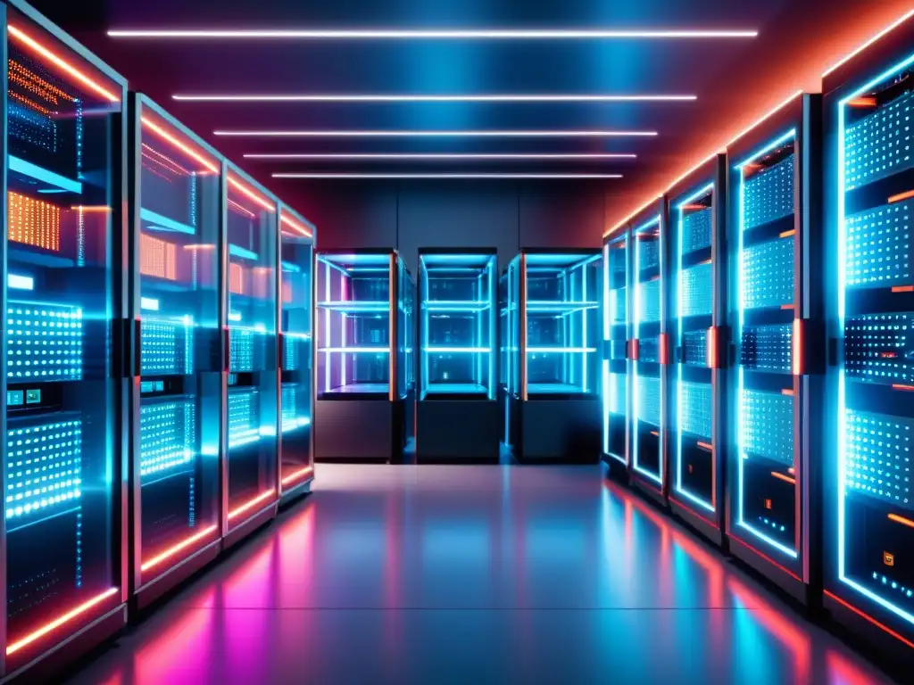 Una sala de servidores futurista con tecnología blockchain y beneficios del hosting en la era de la Blockchain