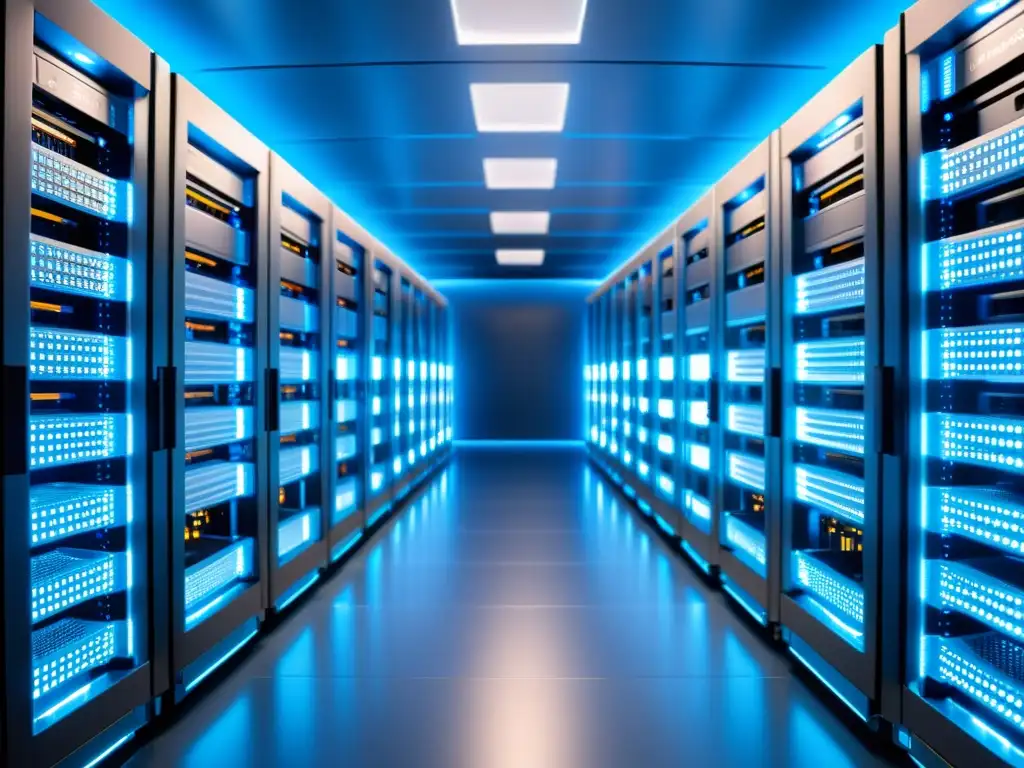 Una sala de servidores futurista en 8k, con tecnología punta y ambiente de eficiencia