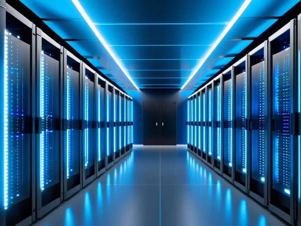Sala de servidores futurista: tecnología de vanguardia Una sala de servidores futurista y ultradetallada con racks de alta tecnología iluminados en azul, exudando eficiencia y modernidad