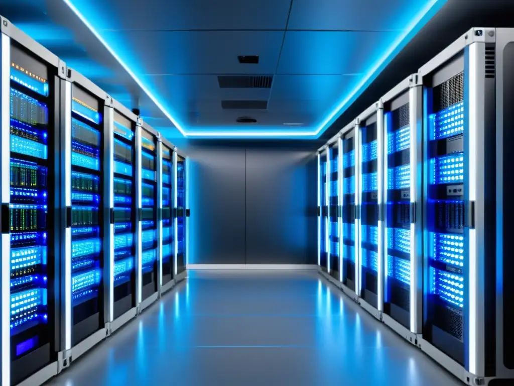 Centro de servidores de alojamiento web: eficiente y futurista Una sala de servidores de hosting web, con una estética profesional y futurista