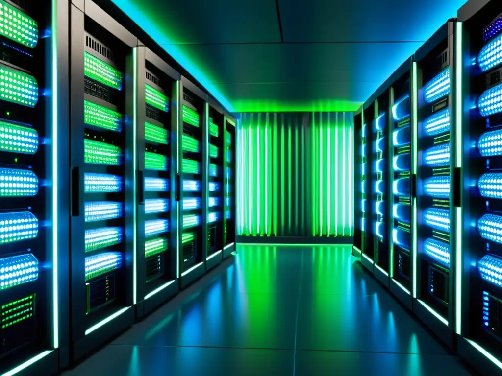 Sala de servidores de alta tecnología: eficiencia y modernidad Una sala de servidores moderna y eficiente con luces azules y verdes
