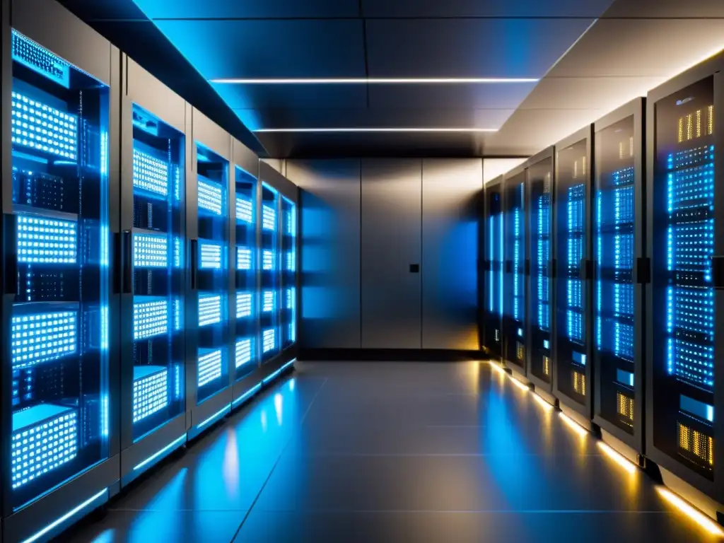 Sala de servidores de alta tecnología: eficiencia y profesionalismo Una sala de servidores moderna y eficiente, con gestión eficiente de hosting multidominio