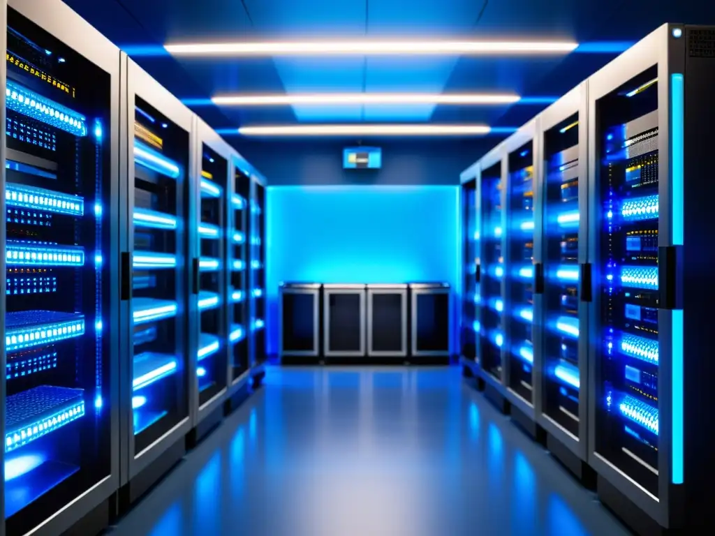 Sala de servidores de alto rendimiento: tecnología futurista y eficiencia Una sala de servidores moderna y eficiente con soluciones efectivas de hosting para Magento lento
