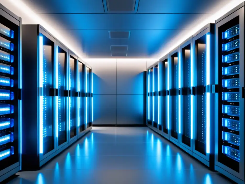 Sala de servidores de vanguardia: eficiencia y fiabilidad Una sala de servidores moderna y eficiente con soluciones efectivas de hosting para Magento lento, iluminada con un suave resplandor azul y diseño futurista