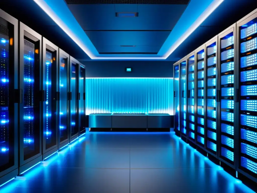 Sala de servidores futurista: eficiencia tecnológica en azul suave Una sala de servidores moderna y elegante con un ambiente futurista y profesional, bañada en luz azul suave