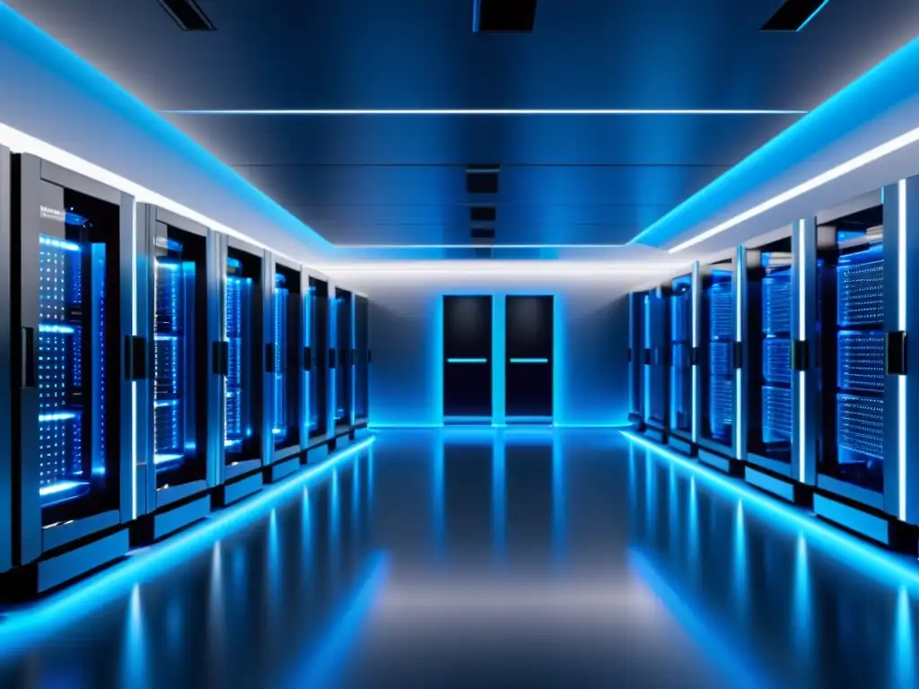 Sala de servidores futurista: eficiencia y calma en azul Una sala de servidores moderna y elegante con equipos brillantes y organizados, bañada en una suave luz azul, transmite eficiencia y calma