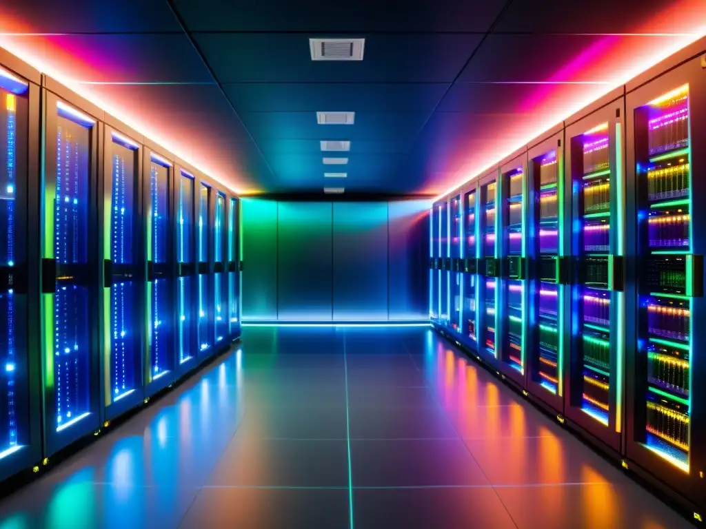 Sala de servidores de vanguardia: tecnología y fiabilidad Una sala de servidores moderna y elegante, repleta de potentes servidores dedicados, con sistemas de enfriamiento avanzados y luces LED coloridas