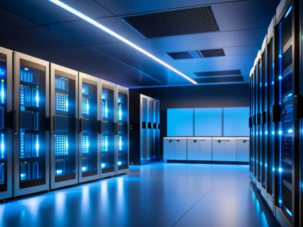 Sala de servidores de alta tecnología para soluciones de hosting premium Una sala de servidores moderna y elegante, con tecnología de vanguardia y soporte premium para empresas, en tonos azules suaves