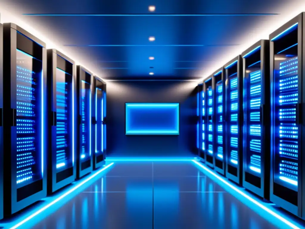 Sala de servidores futurista y eficiente con luces azules Una sala de servidores moderna y elegante con filas de racks ordenados y futuristas bañados en una luz azul