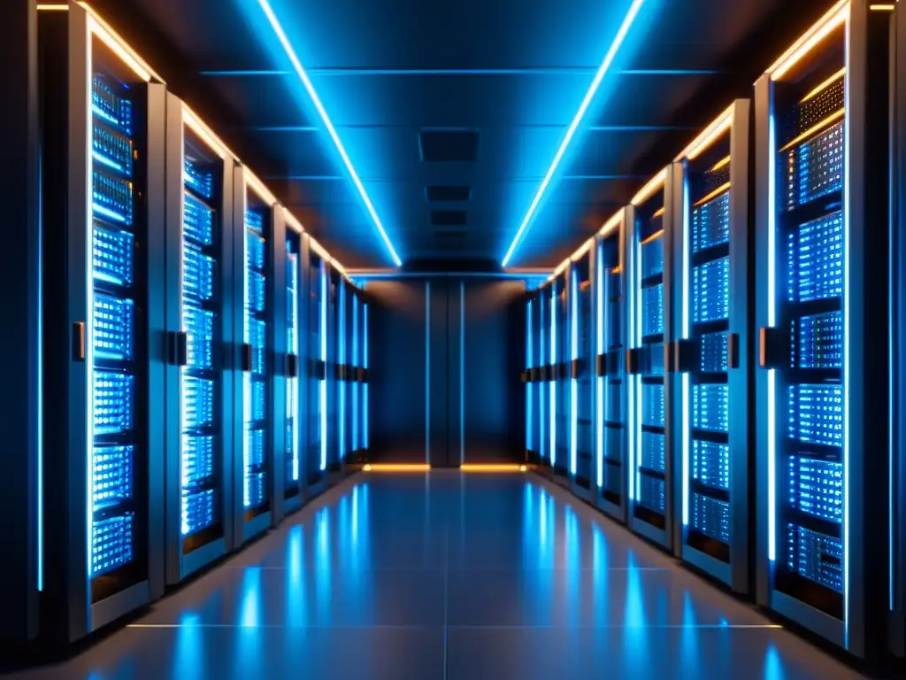 Sala de servidores futurista: eficiencia y seguridad en la web Una sala de servidores moderna y elegante con filas de servidores brillantes y ordenados en un espacio futurista ligeramente iluminado