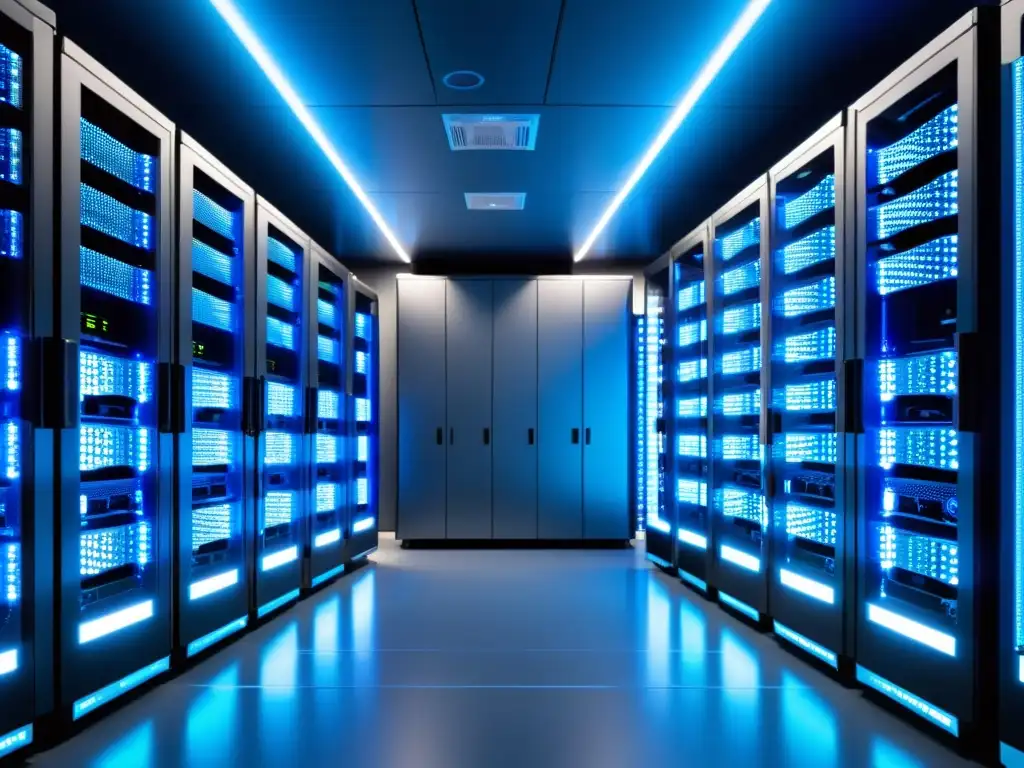 Sala de servidores de alta tecnología para PrestaShop Una sala de servidores moderna y elegante, iluminada en azul, con potentes servidores y sistemas de enfriamiento