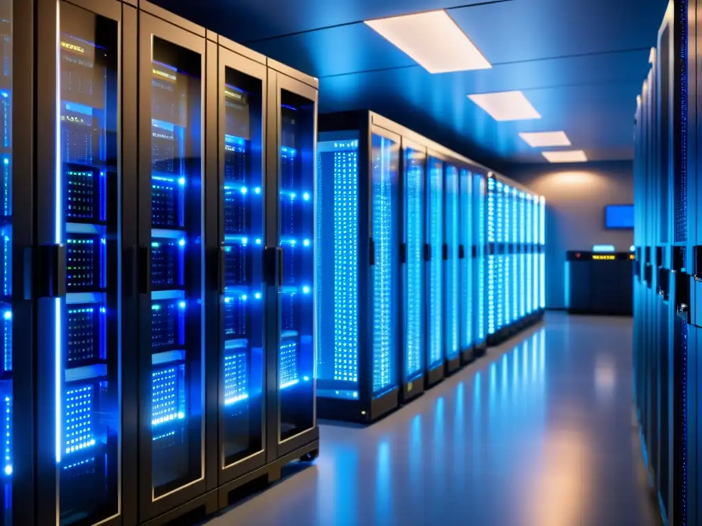 Server room de alta tecnología: orden y fiabilidad Una sala de servidores moderna y elegante con luces LED brillantes, creando una atmósfera profesional futurista