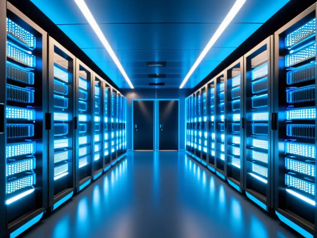 Sala de servidores futurista: eficiencia y tecnología de vanguardia Una sala de servidores moderna y elegante, con filas de servidores brillantes en un ambiente azul futurista