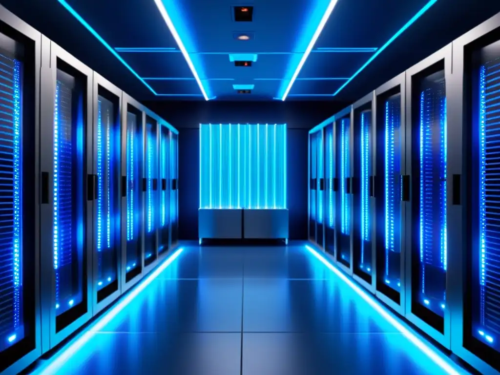 Sala de servidores futurista y eficiente en azul Un sala de servidores moderna y elegante con racks organizados y servidores parpadeantes