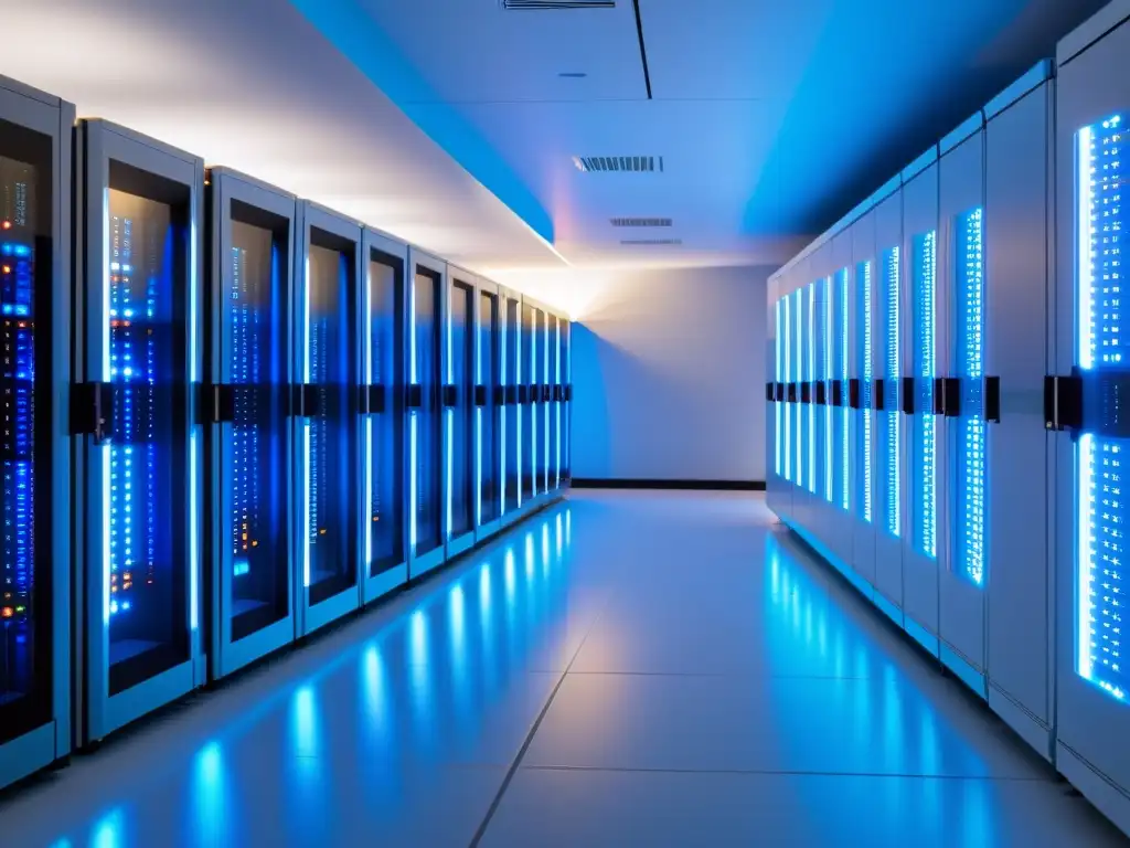 Sala de servidores moderna y eficiente con luces LED coloridas Una sala de servidores moderna y elegante con luces LED coloridas