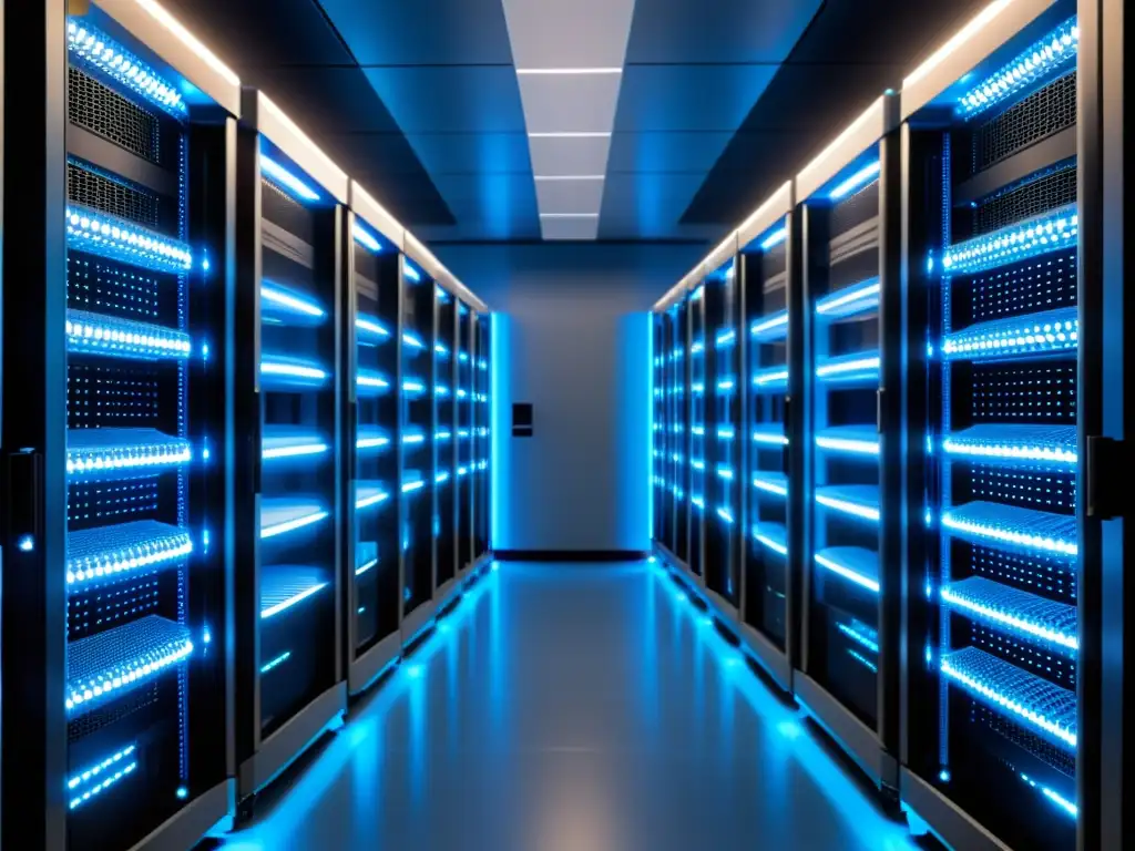 Sala de servidores de alta tecnología para Magento Una sala de servidores moderna y ordenada, bañada en una suave luz LED azul