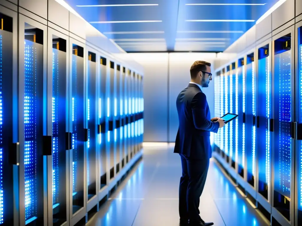 Sala de servidores de alta tecnología: equipo profesional garantiza su funcionamiento Una sala de servidores moderna y ordenada en tonos azules, con técnicos trabajando, transmitiendo confiabilidad y profesionalismo