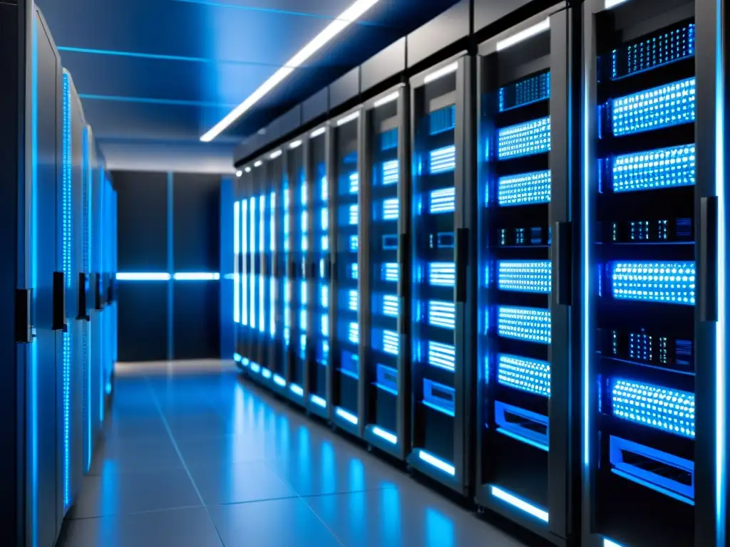 Salas de servidores de alta tecnología: eficiencia y precisión Una sala de servidores moderna y ordenada, iluminada con un tono azul fresco
