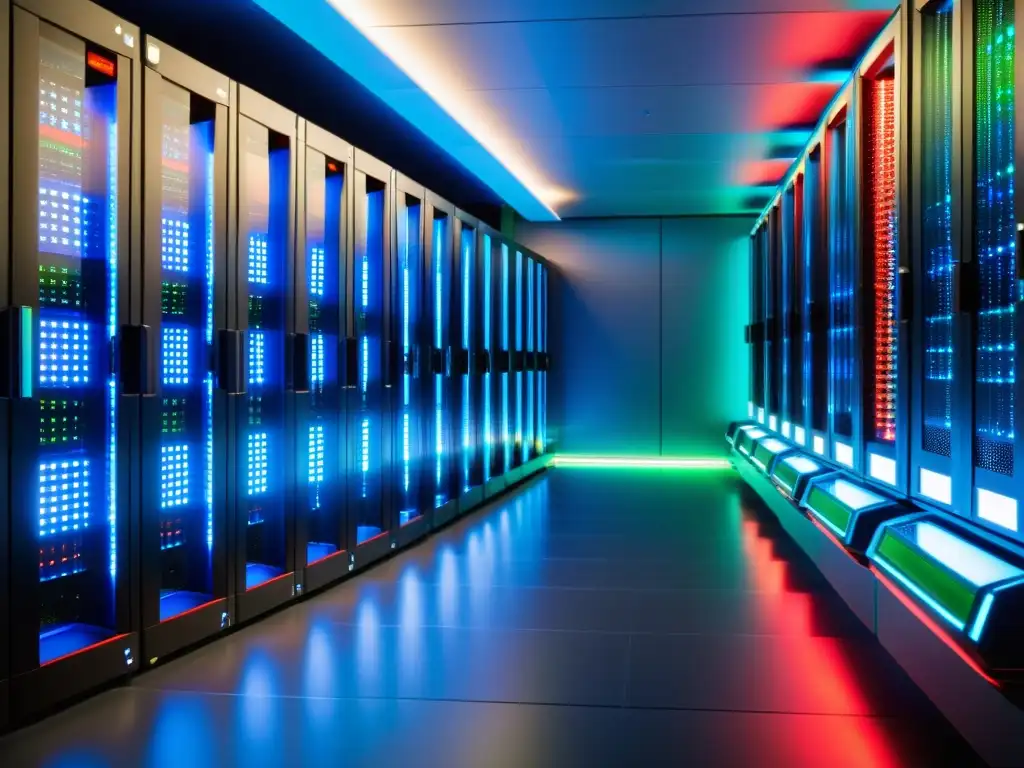 Sala de servidores moderna y eficiente para startups Una sala de servidores moderna y ordenada, con luces LED azules, verdes y rojas brillantes